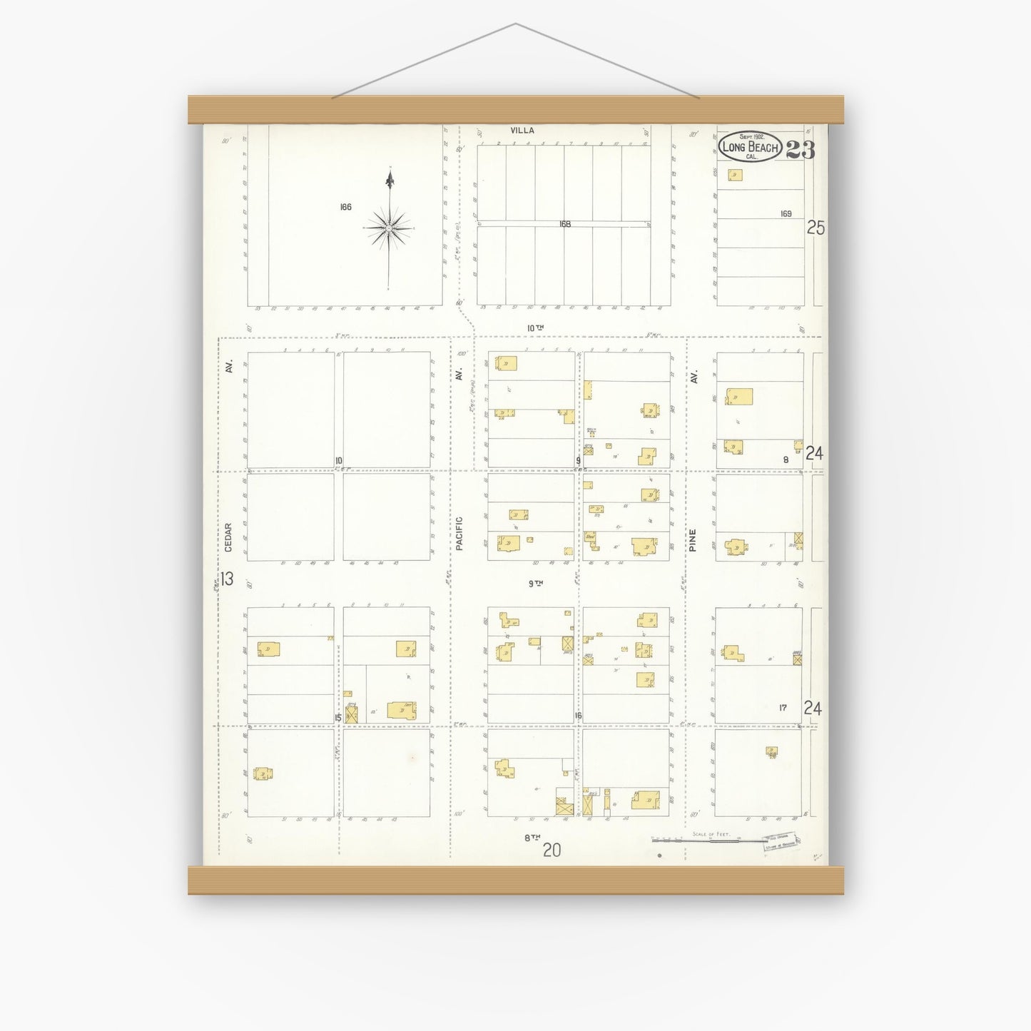 Old map wall art mockup — magnetic wood frame on white wall — Sanborn Fire Insurance Map from Long Beach, Los Angeles County, California (1902), Sheet #0023