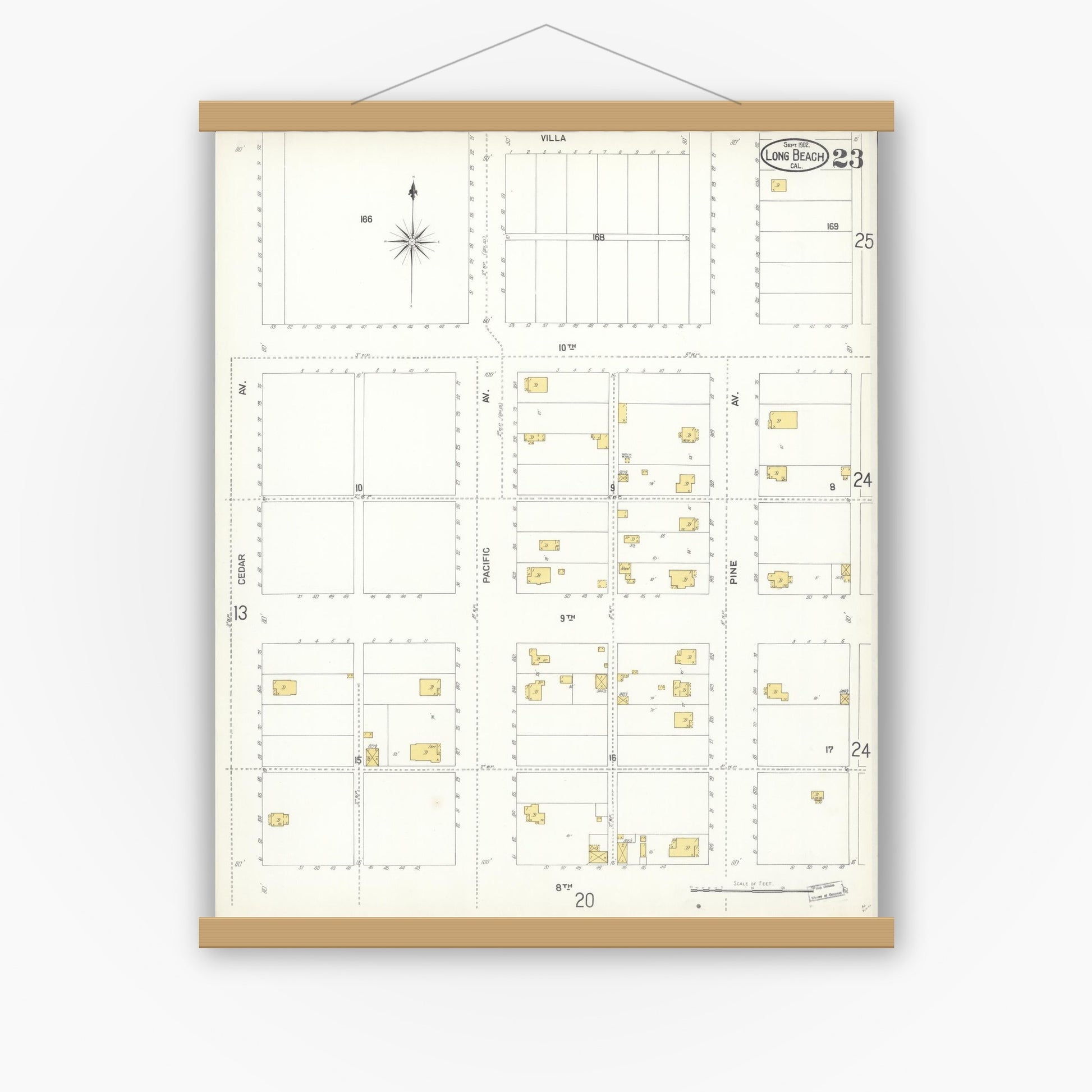 Old map wall art mockup — magnetic wood frame on white wall — Sanborn Fire Insurance Map from Long Beach, Los Angeles County, California (1902), Sheet #0023