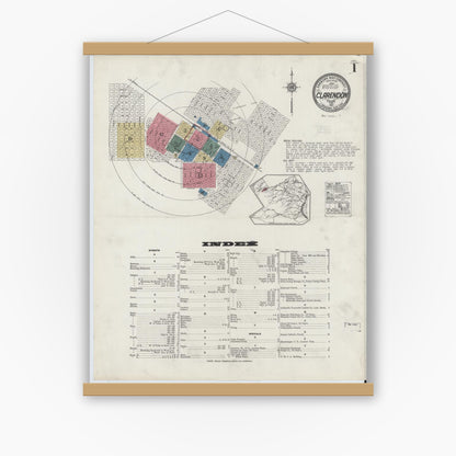 Old map wall art mockup — magnetic wood frame on white wall — Sanborn Fire Insurance Map from Clarendon, Donley County, Texas (1921), Sheet #0001