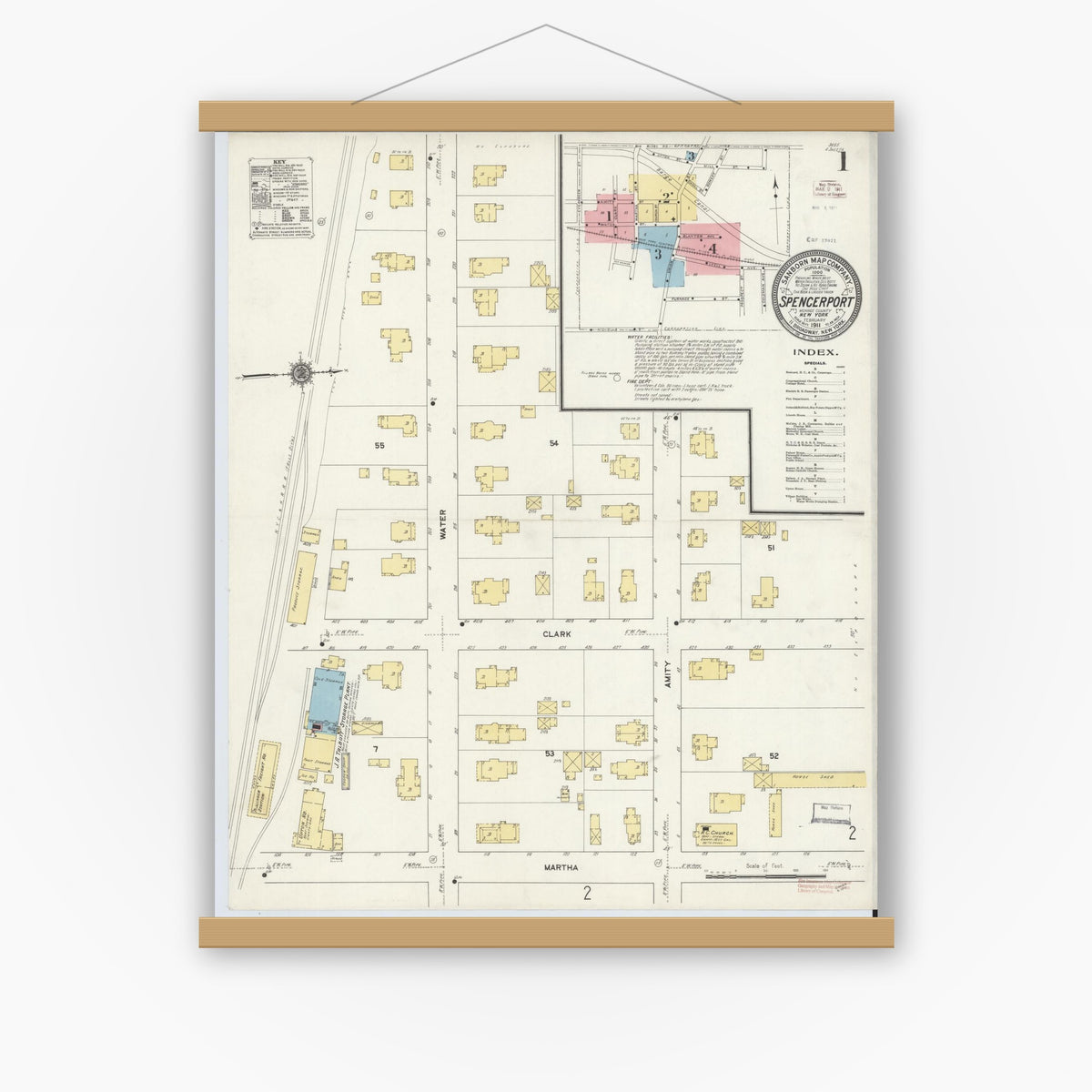 Old map wall art mockup — magnetic wood frame on white wall — Sanborn Fire Insurance Map from Spencerport, Monroe County, New York (1911) - Complete Map Set
