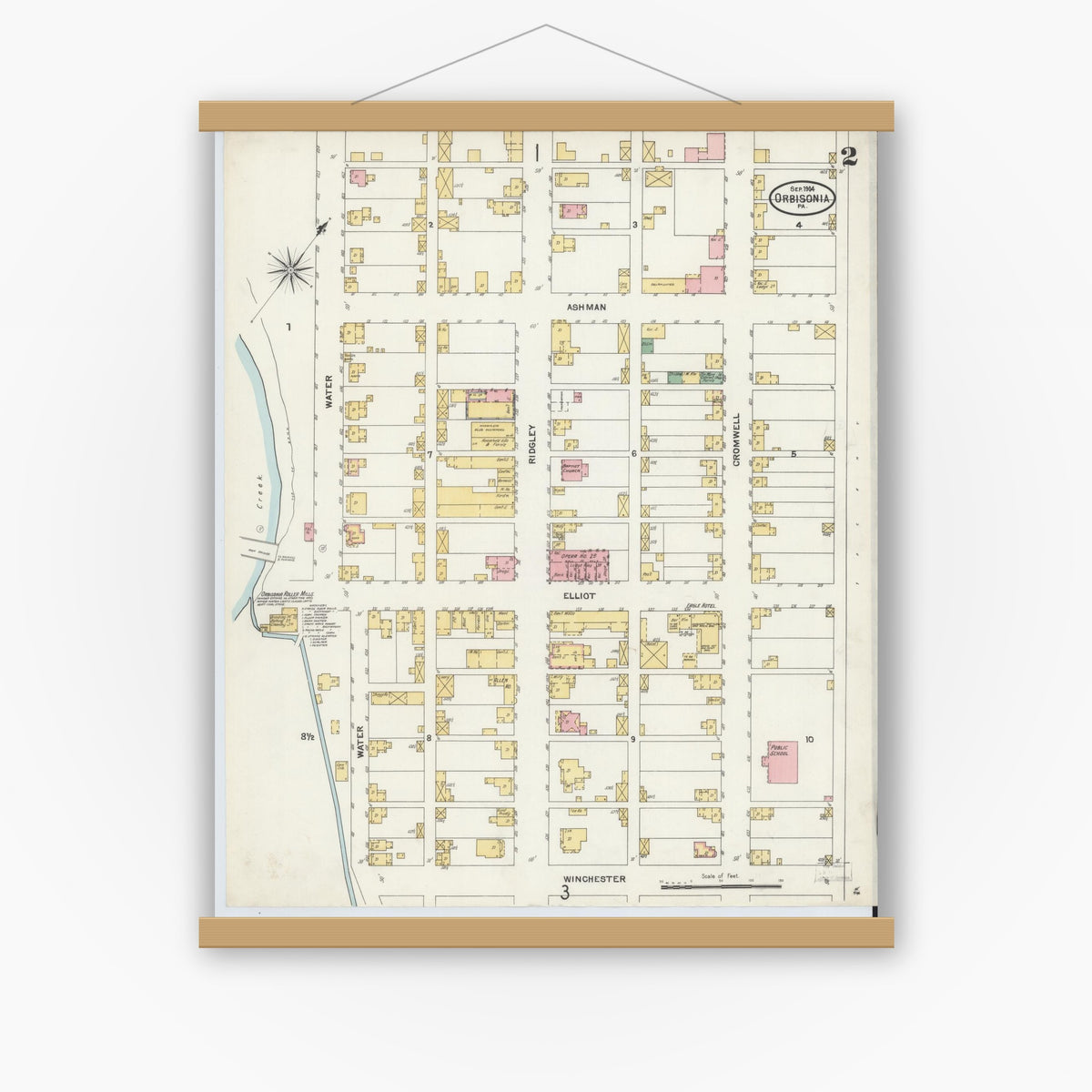 Old map wall art mockup — magnetic wood frame on white wall — Sanborn Fire Insurance Map from Orbisonia, Huntingdon County, Pennsylvania (1904), Sheet #0002