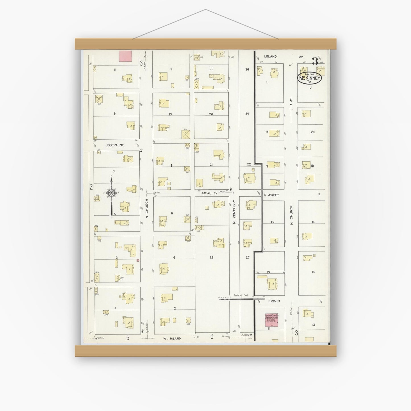 Old map wall art mockup — magnetic wood frame on white wall — Sanborn Fire Insurance Map from McKinney, Collin County, Texas (1914), Sheet #0003