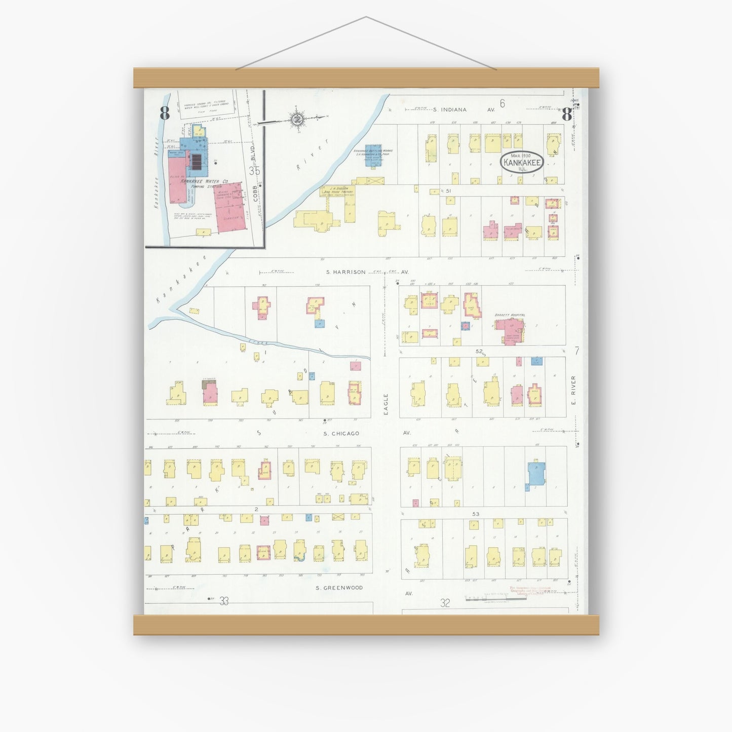 Old map wall art mockup — magnetic wood frame on white wall — Sanborn Fire Insurance Map from Kankakee, Kankakee County, Illinois (1930), Sheet #0008
