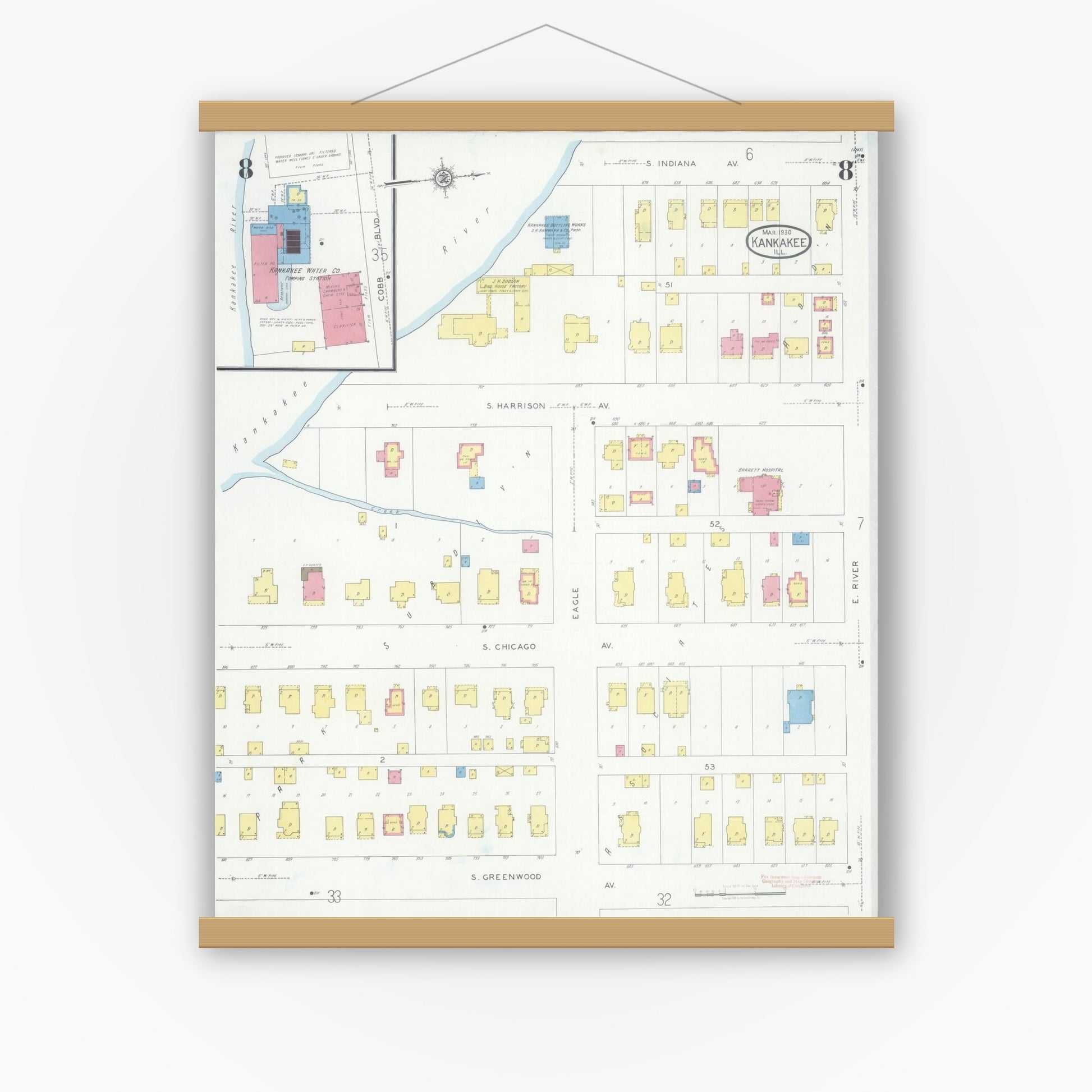 Old map wall art mockup — magnetic wood frame on white wall — Sanborn Fire Insurance Map from Kankakee, Kankakee County, Illinois (1930), Sheet #0008
