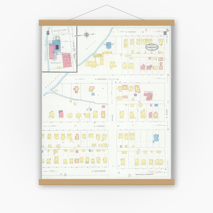 Old map wall art mockup — magnetic wood frame on white wall — Sanborn Fire Insurance Map from Kankakee, Kankakee County, Illinois (1930), Sheet #0008