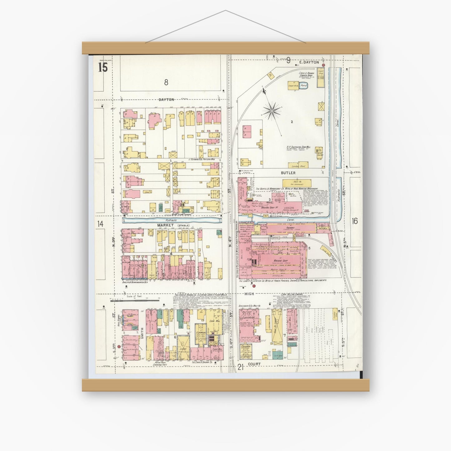 Old map wall art mockup — magnetic wood frame on white wall — Sanborn Fire Insurance Map from Hamilton, Butler County, Ohio (1899), Sheet #0015