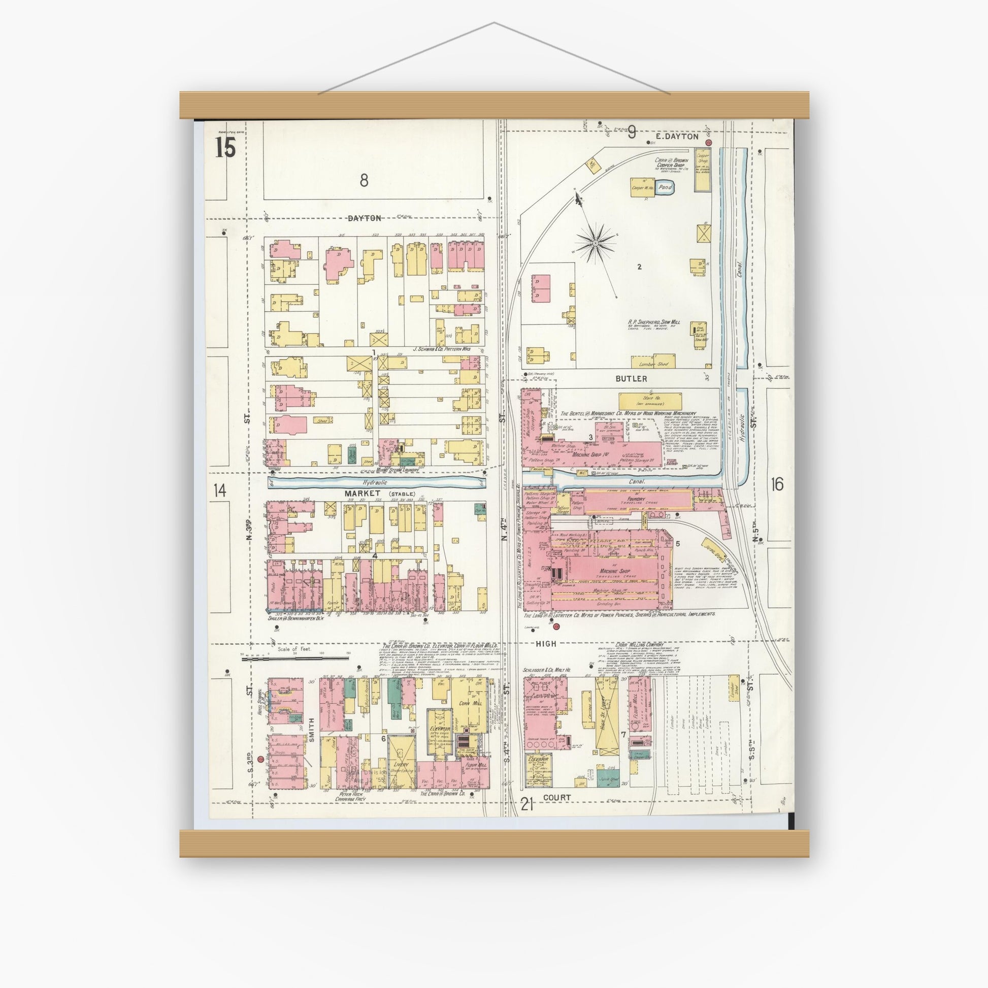 Old map wall art mockup — magnetic wood frame on white wall — Sanborn Fire Insurance Map from Hamilton, Butler County, Ohio (1899), Sheet #0015