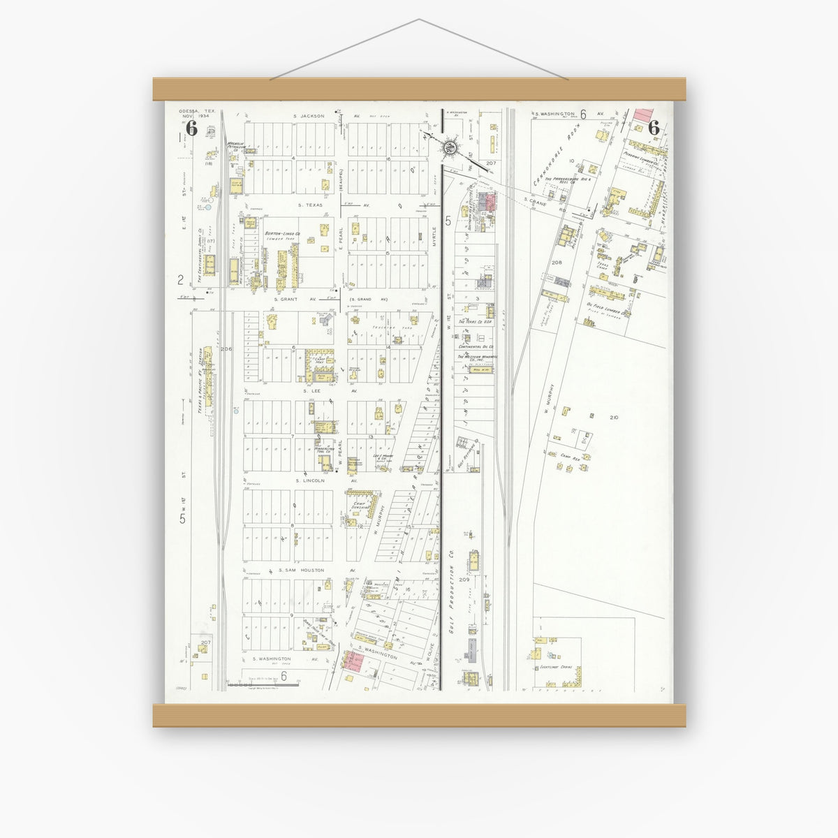 Old map wall art mockup — magnetic wood frame on white wall — Sanborn Fire Insurance Map from Odessa, Edger County, Texas (1934), Sheet #0006