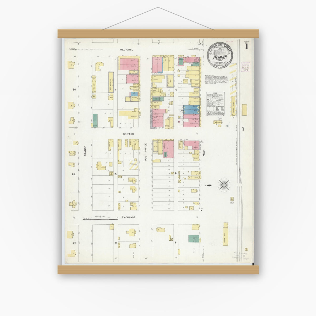 Old map wall art mockup — magnetic wood frame on white wall — Sanborn Fire Insurance Map from Weimar, Colorado County, Texas (1907) - Complete Map Set