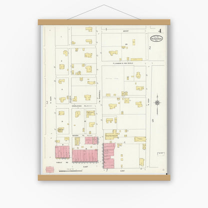 Old map wall art mockup — magnetic wood frame on white wall — Sanborn Fire Insurance Map from Henderson, Rusk County, Texas (1912), Sheet #0004