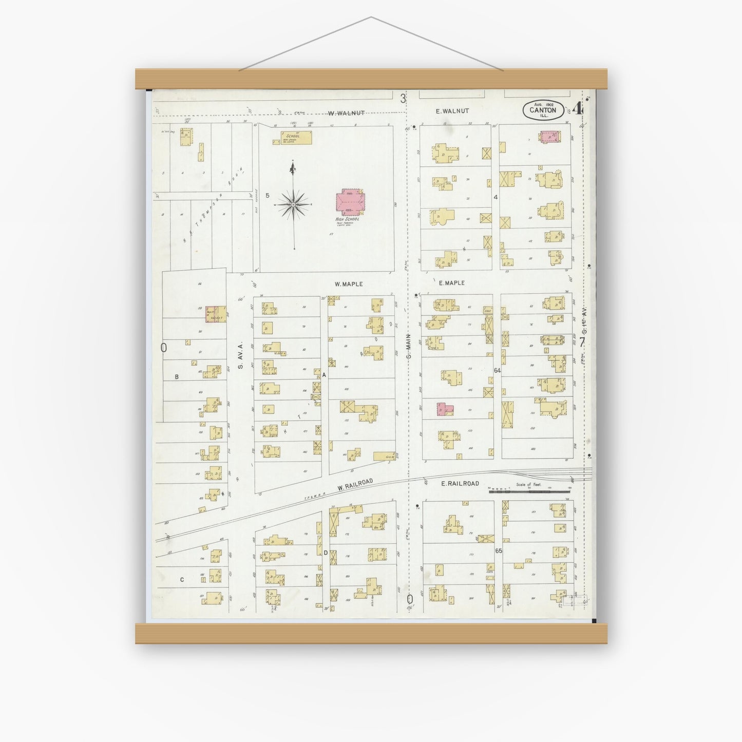 Old map wall art mockup — magnetic wood frame on white wall — Sanborn Fire Insurance Map from Canton, Fulton County, Illinois (1902), Sheet #0004