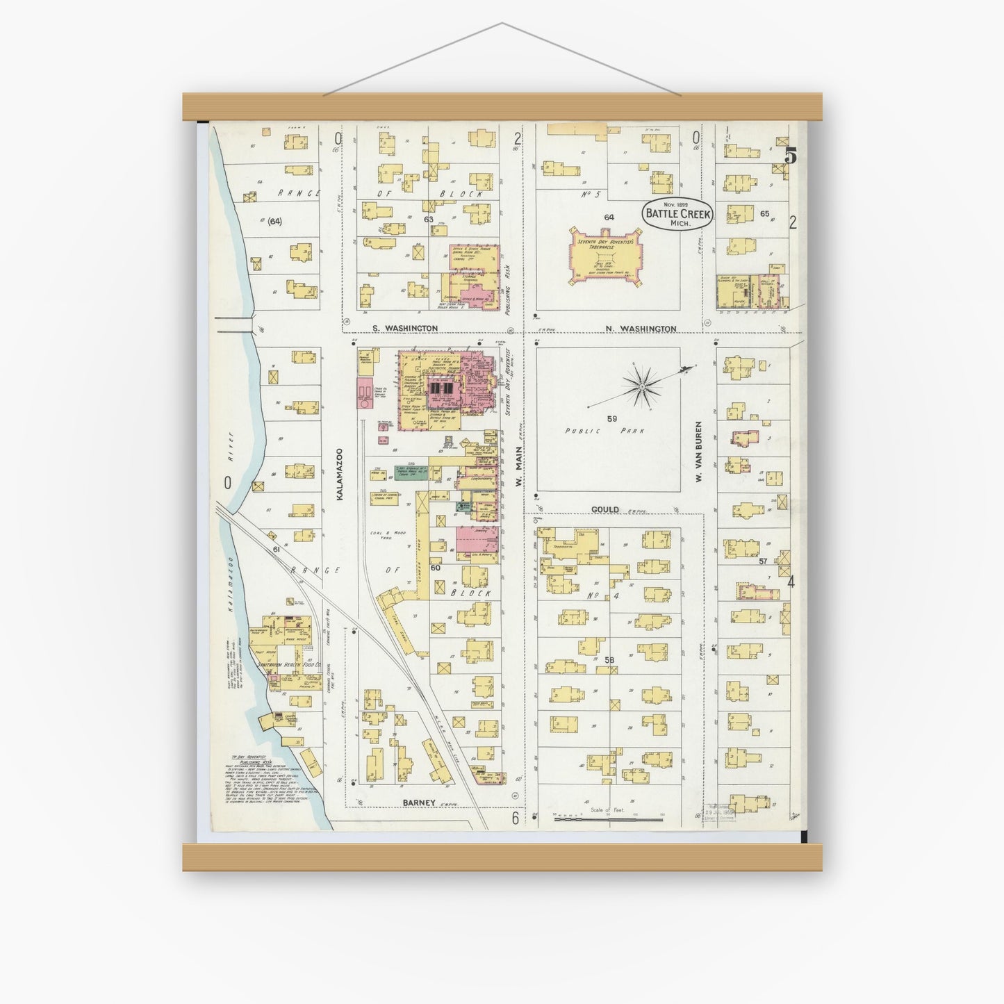 Old map wall art mockup — magnetic wood frame on white wall — Sanborn Fire Insurance Map from Battle Creek, Calhoun County, Michigan (1899), Sheet #0005