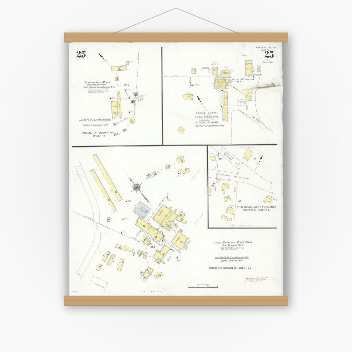 Old map wall art mockup — magnetic wood frame on white wall — Sanborn Fire Insurance Map from Grass Valley, Nevada County, California (1941), Sheet #0025