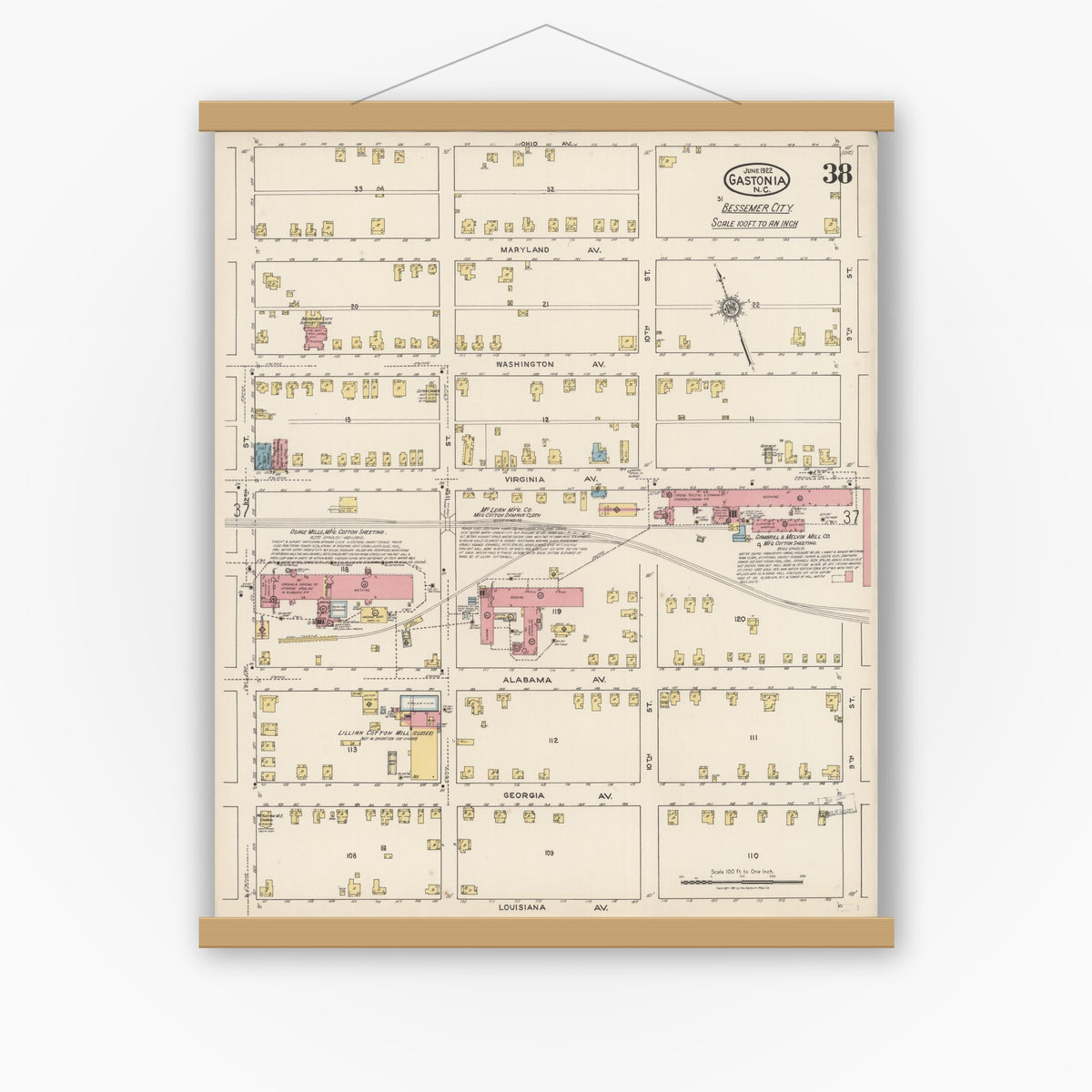 Old map wall art mockup — magnetic wood frame on white wall — Sanborn Fire Insurance Map from Gastonia, Gaston County, North Carolina (1922), Sheet #0038