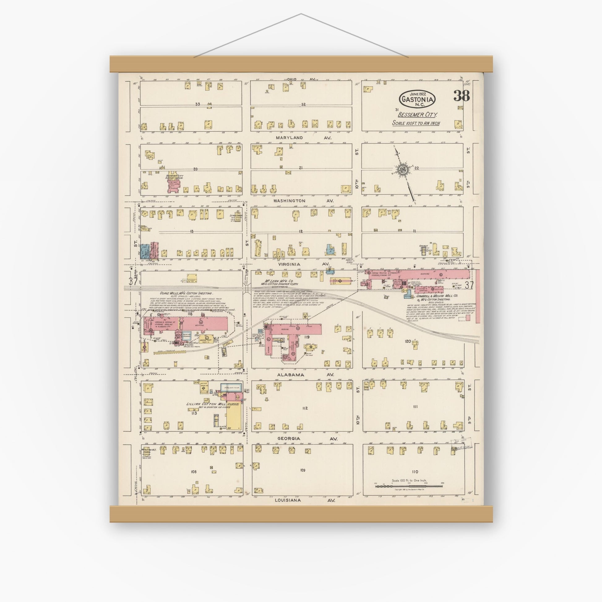 Old map wall art mockup — magnetic wood frame on white wall — Sanborn Fire Insurance Map from Gastonia, Gaston County, North Carolina (1922), Sheet #0038