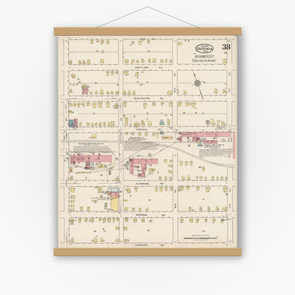 Old map wall art mockup — magnetic wood frame on white wall — Sanborn Fire Insurance Map from Gastonia, Gaston County, North Carolina (1922), Sheet #0038