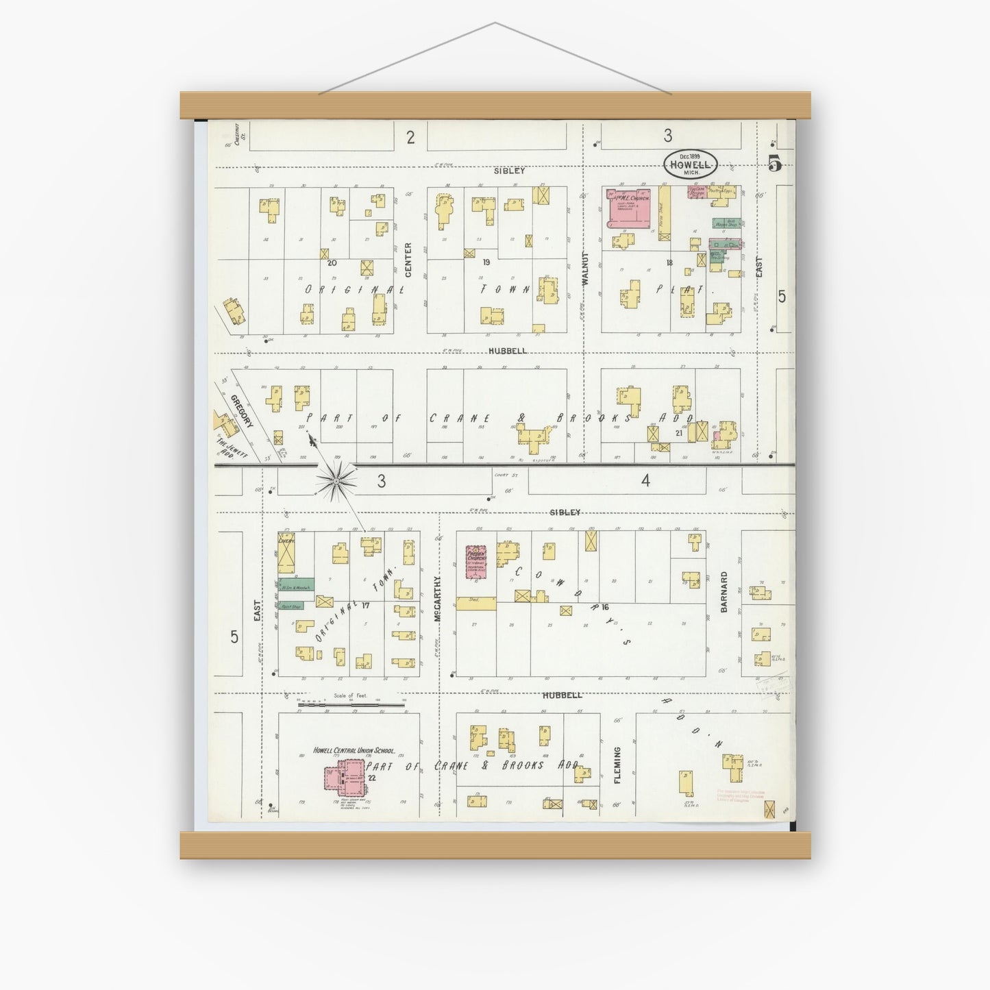 Old map wall art mockup — magnetic wood frame on white wall — Sanborn Fire Insurance Map from Howell, Livingston County, Michigan (1899), Sheet #0005