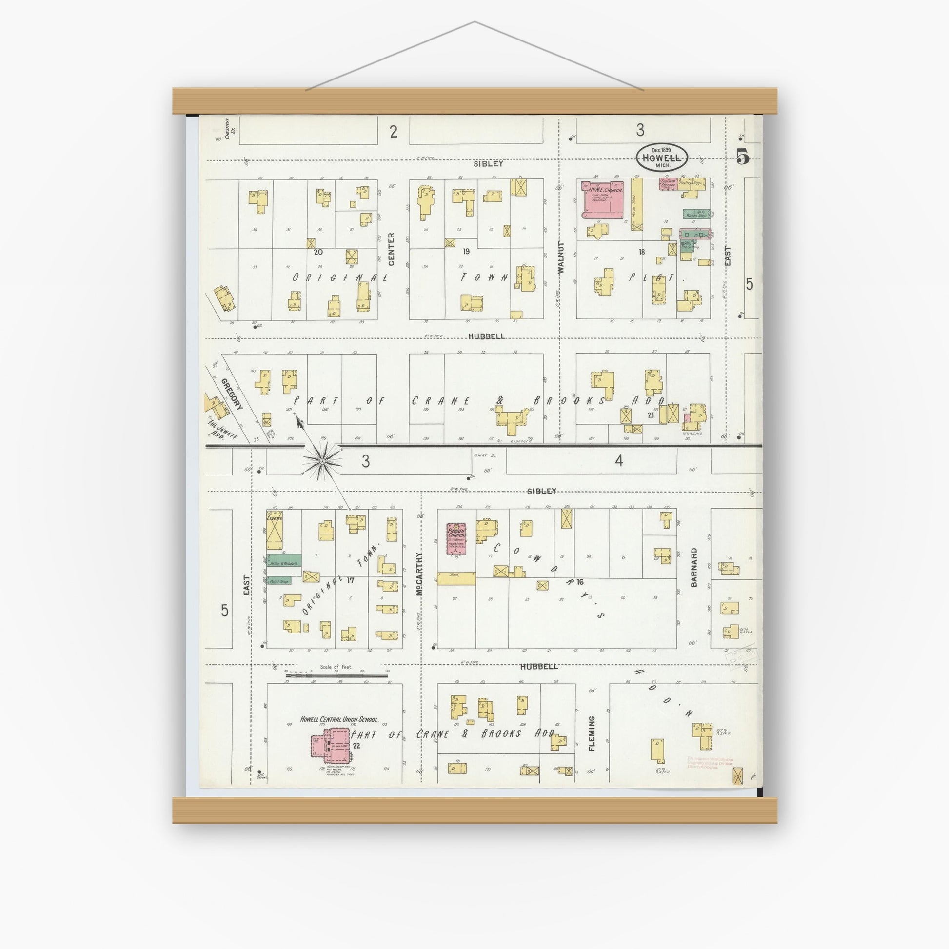Old map wall art mockup — magnetic wood frame on white wall — Sanborn Fire Insurance Map from Howell, Livingston County, Michigan (1899), Sheet #0005