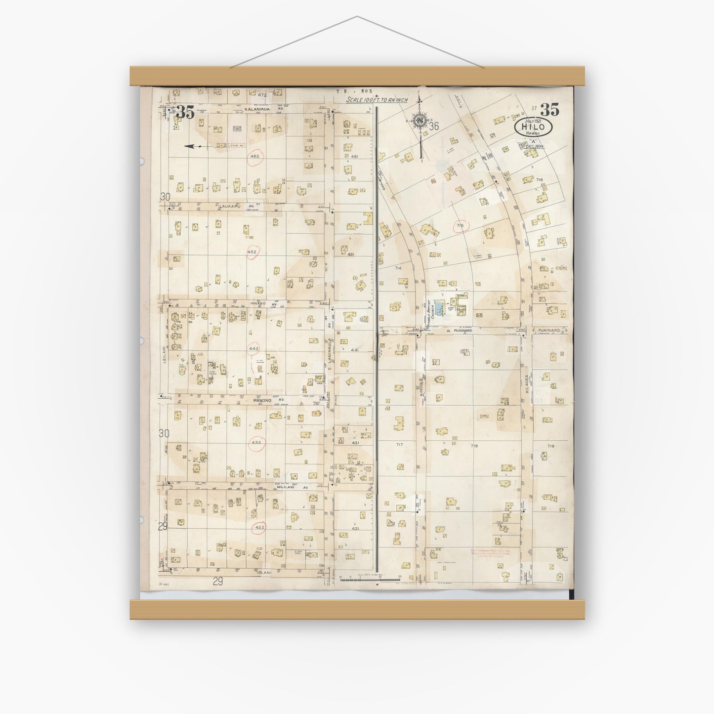 Old map wall art mockup — magnetic wood frame on white wall — Sanborn Fire Insurance Map from Hilo, Hawaii County, Hawaii (1957), Sheet #0035