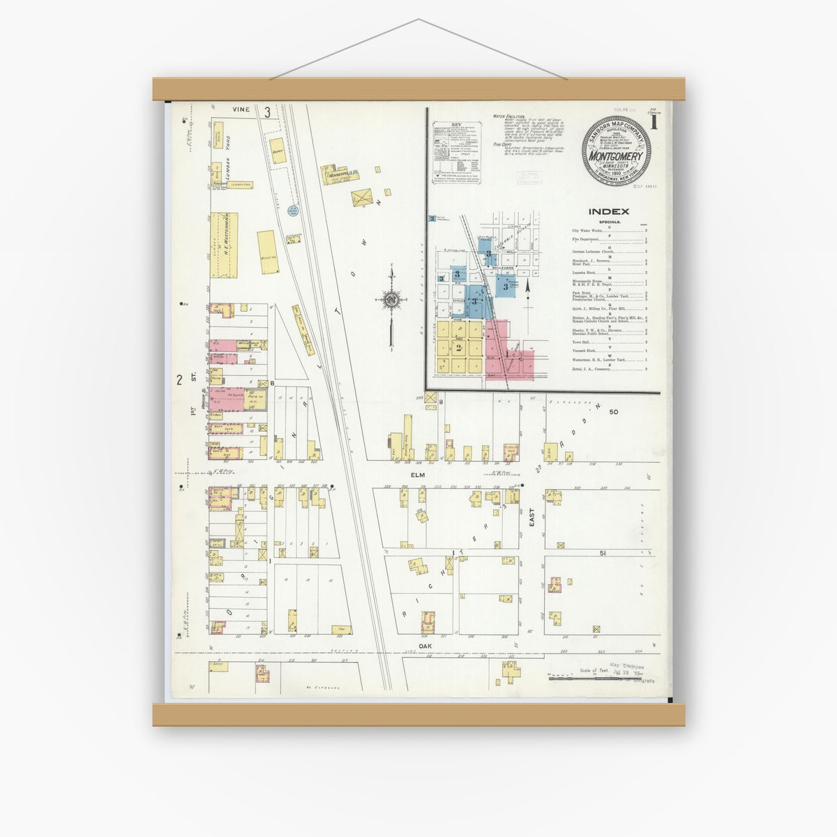Old map wall art mockup — magnetic wood frame on white wall — Sanborn Fire Insurance Map from Montgomery, Le Sueur  County, Minnesota (1910), Sheet #0001