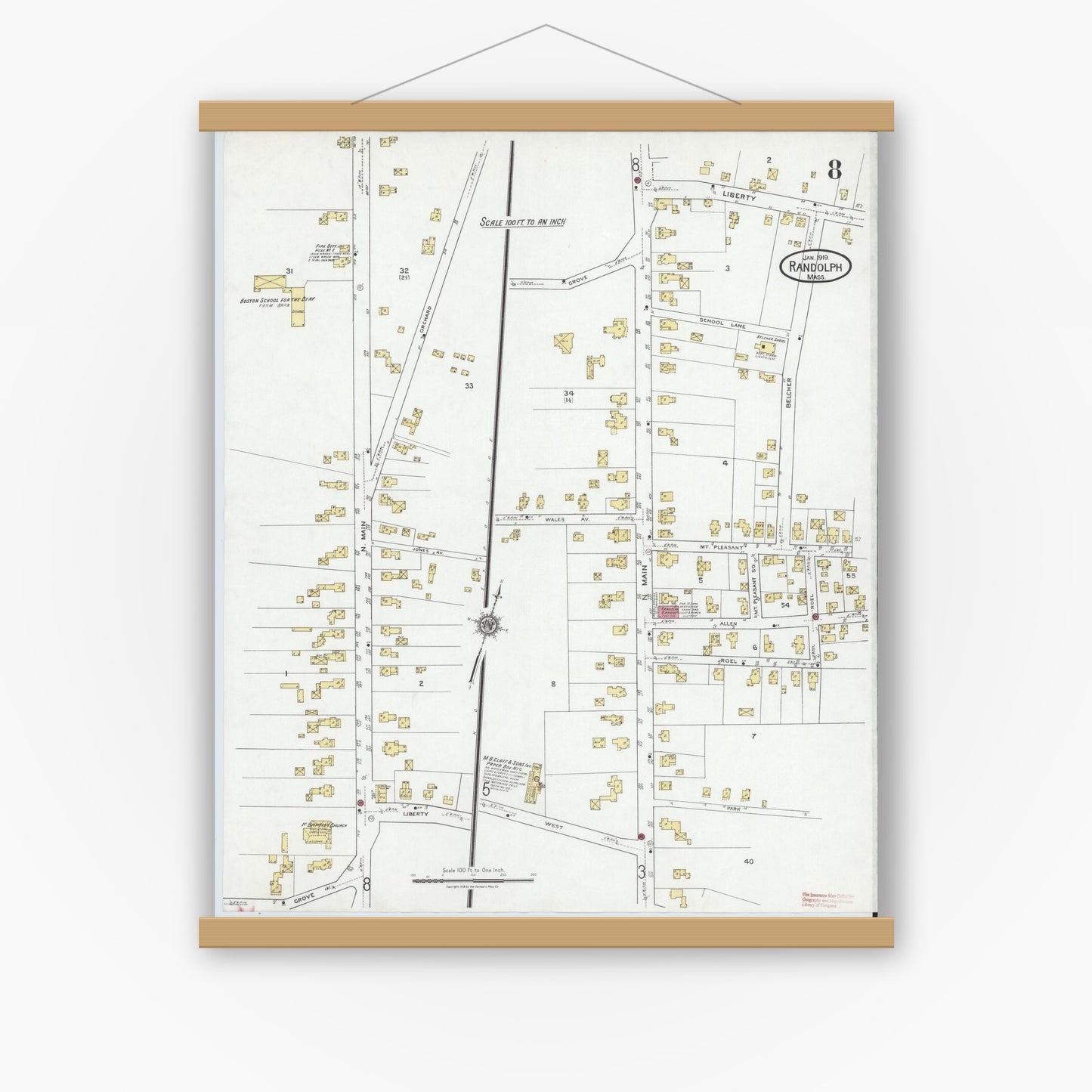 Old map wall art mockup — magnetic wood frame on white wall — Sanborn Fire Insurance Map from Randolph, Norfolk County, Massachusetts (1919), Sheet #0008