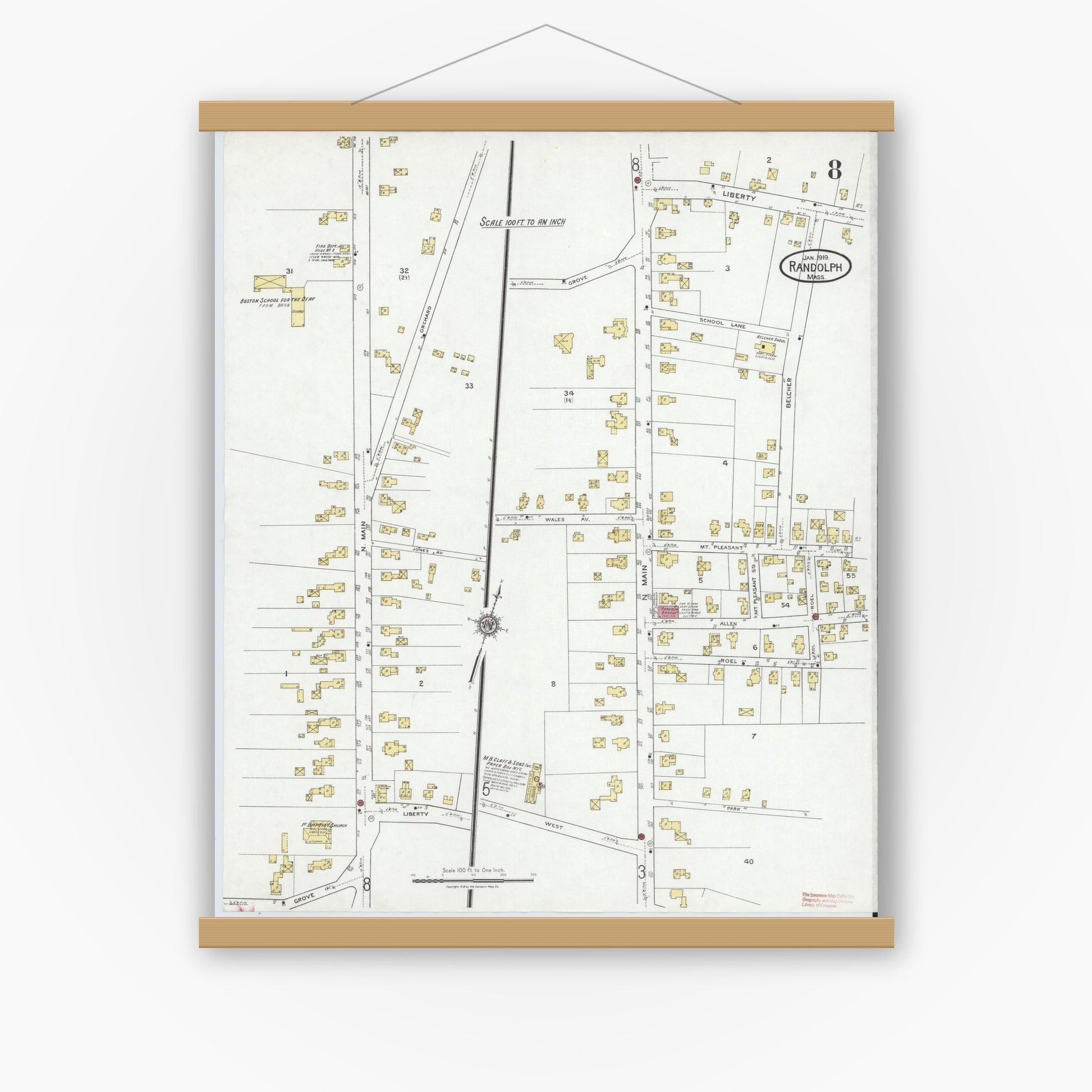 Old map wall art mockup — magnetic wood frame on white wall — Sanborn Fire Insurance Map from Randolph, Norfolk County, Massachusetts (1919), Sheet #0008