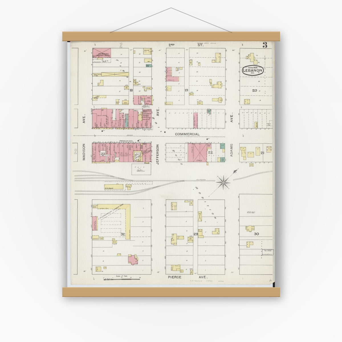 Old map wall art mockup — magnetic wood frame on white wall — Sanborn Fire Insurance Map from Lebanon, Laclede County, Missouri (1893), Sheet #0003