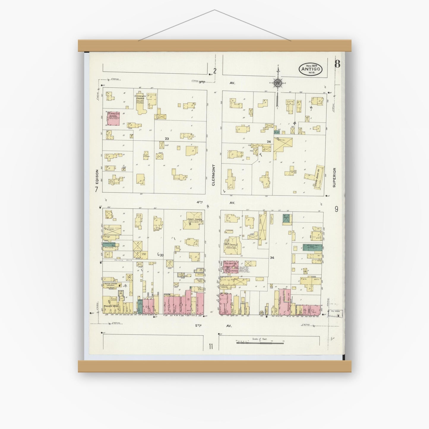 Old map wall art mockup — magnetic wood frame on white wall — Sanborn Fire Insurance Map from Antigo, Langlade County, Wisconsin (1909), Sheet #0008