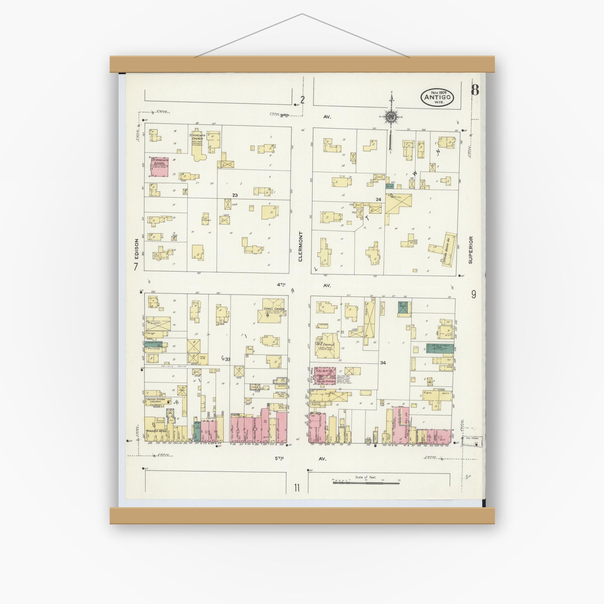 Old map wall art mockup — magnetic wood frame on white wall — Sanborn Fire Insurance Map from Antigo, Langlade County, Wisconsin (1909), Sheet #0008