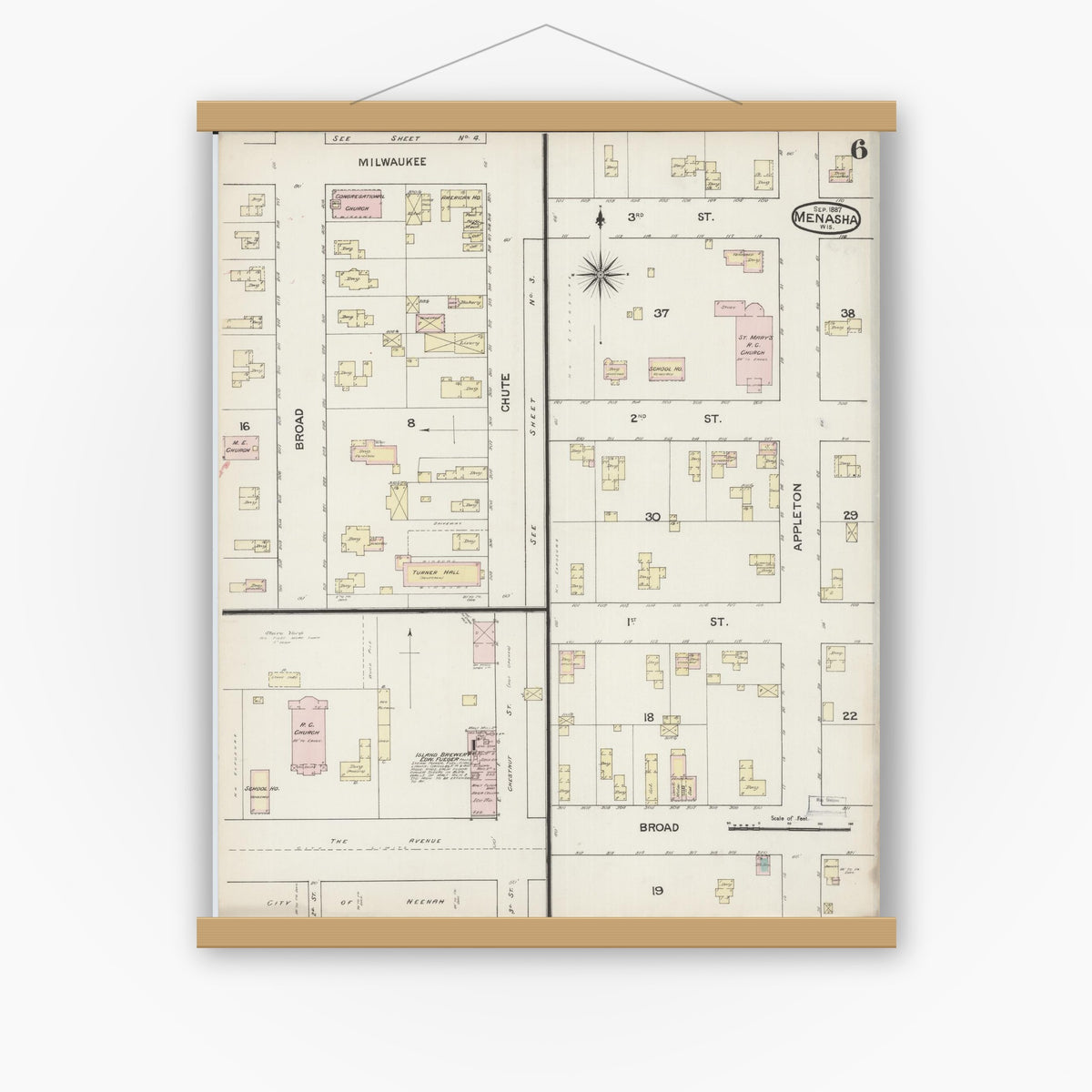 Old map wall art mockup — magnetic wood frame on white wall — Sanborn Fire Insurance Map from Menasha, Winnebago County, Wisconsin (1887), Sheet #0006