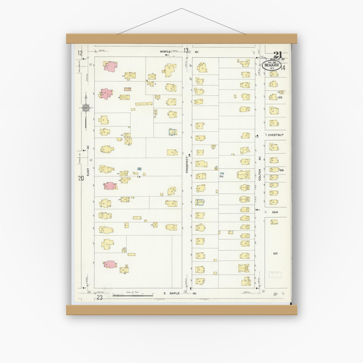 Old map wall art mockup — magnetic wood frame on white wall — Sanborn Fire Insurance Map from Newark, Wayne County, New York (1912), Sheet #0021
