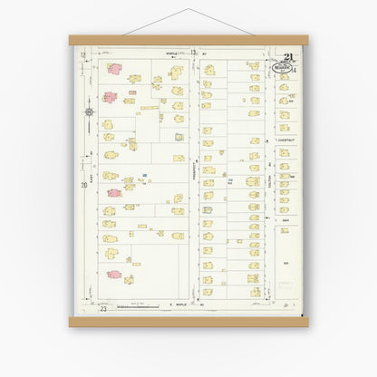 Old map wall art mockup — magnetic wood frame on white wall — Sanborn Fire Insurance Map from Newark, Wayne County, New York (1912), Sheet #0021