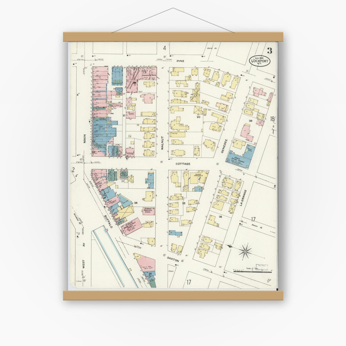 Old map wall art mockup — magnetic wood frame on white wall — Sanborn Fire Insurance Map from Lockport, Niagara County, New York (1909), Sheet #0003