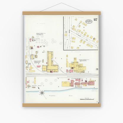 Old map wall art mockup — magnetic wood frame on white wall — Sanborn Fire Insurance Map from Warren, Warren County, Pennsylvania (1904), Sheet #0027