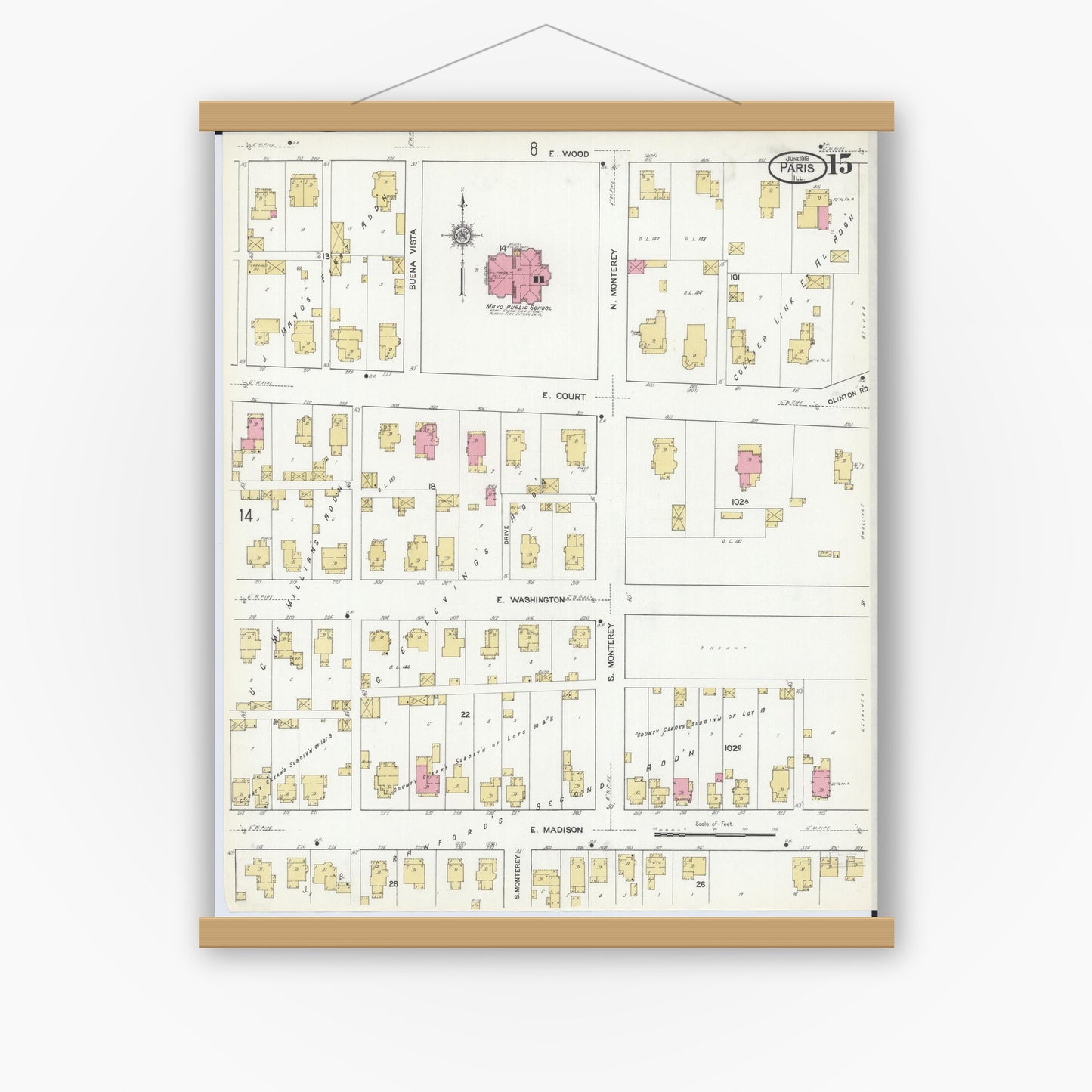 Old map wall art mockup — magnetic wood frame on white wall — Sanborn Fire Insurance Map from Paris, Edgar County, Illinois (1916), Sheet #0015