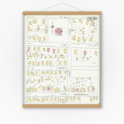 Old map wall art mockup — magnetic wood frame on white wall — Sanborn Fire Insurance Map from Paris, Edgar County, Illinois (1916), Sheet #0015