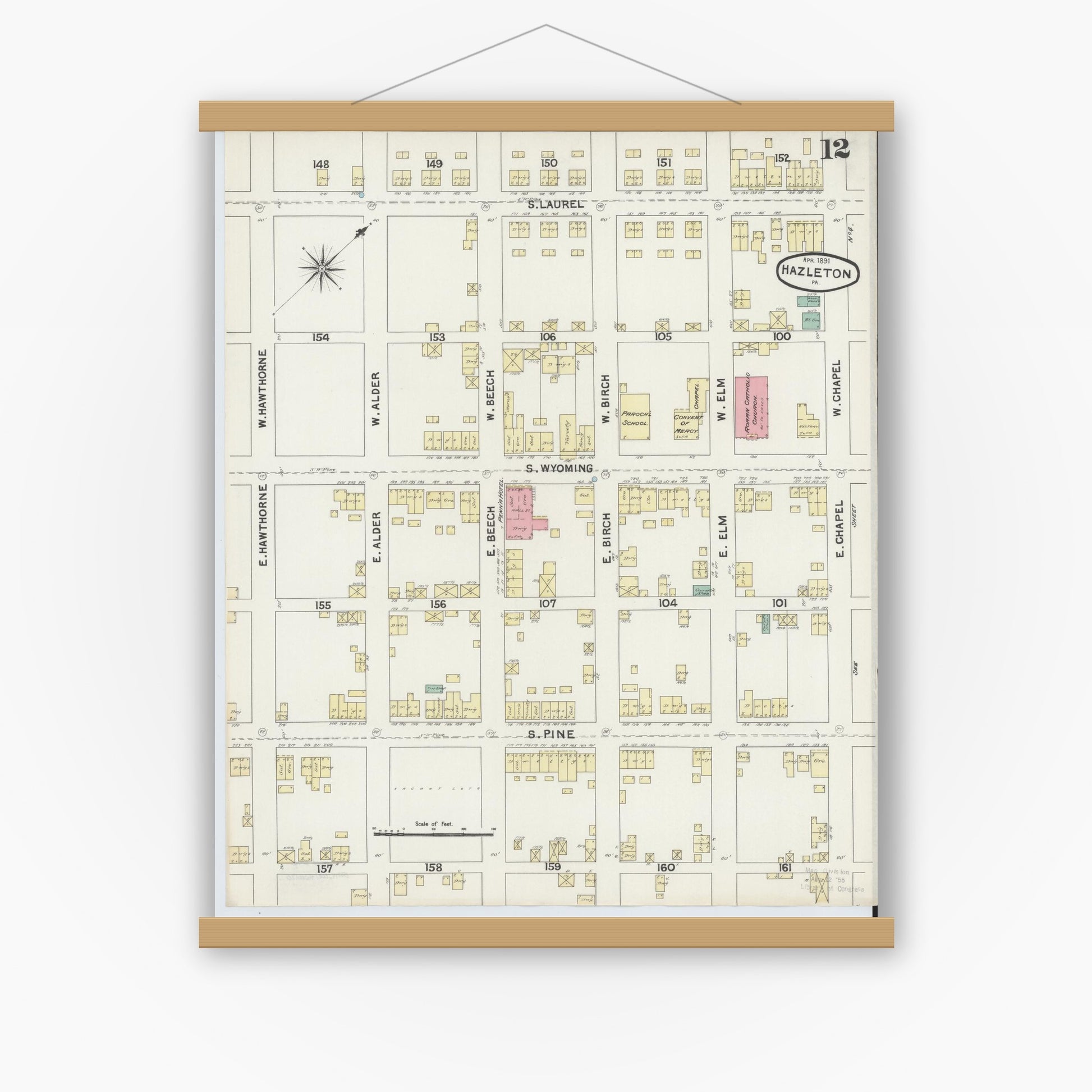 Old map wall art mockup — magnetic wood frame on white wall — Sanborn Fire Insurance Map from Hazleton, Luzerne County, Pennsylvania (1891), Sheet #0012