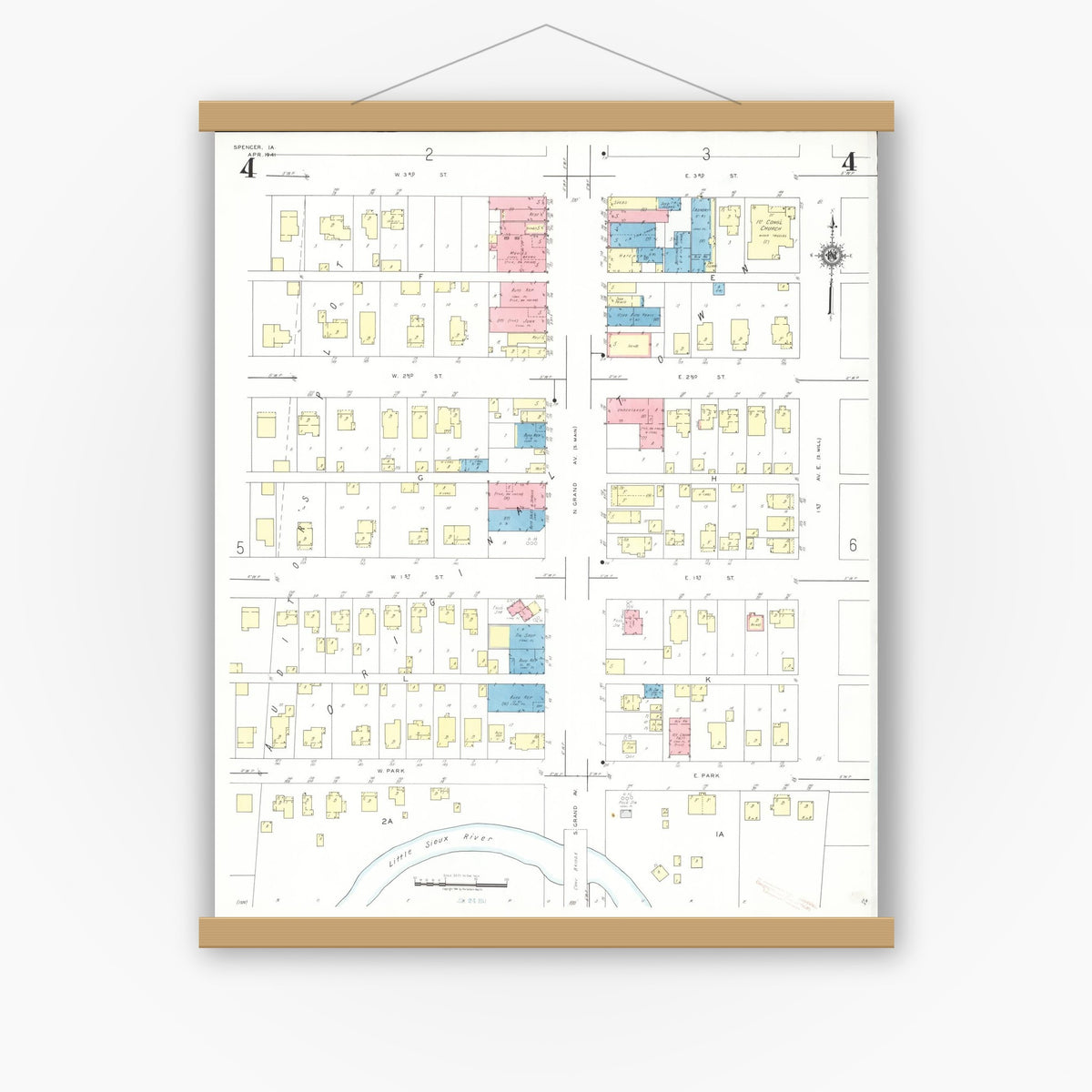 Old map wall art mockup — magnetic wood frame on white wall — Sanborn Fire Insurance Map from Spencer, Clay County, Iowa (1941), Sheet #0004