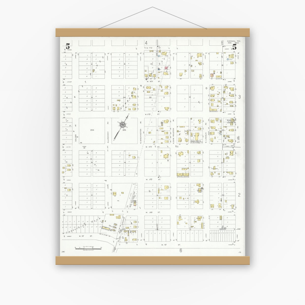 Old map wall art mockup — magnetic wood frame on white wall — Sanborn Fire Insurance Map from Odessa, Edger County, Texas (1934), Sheet #0005