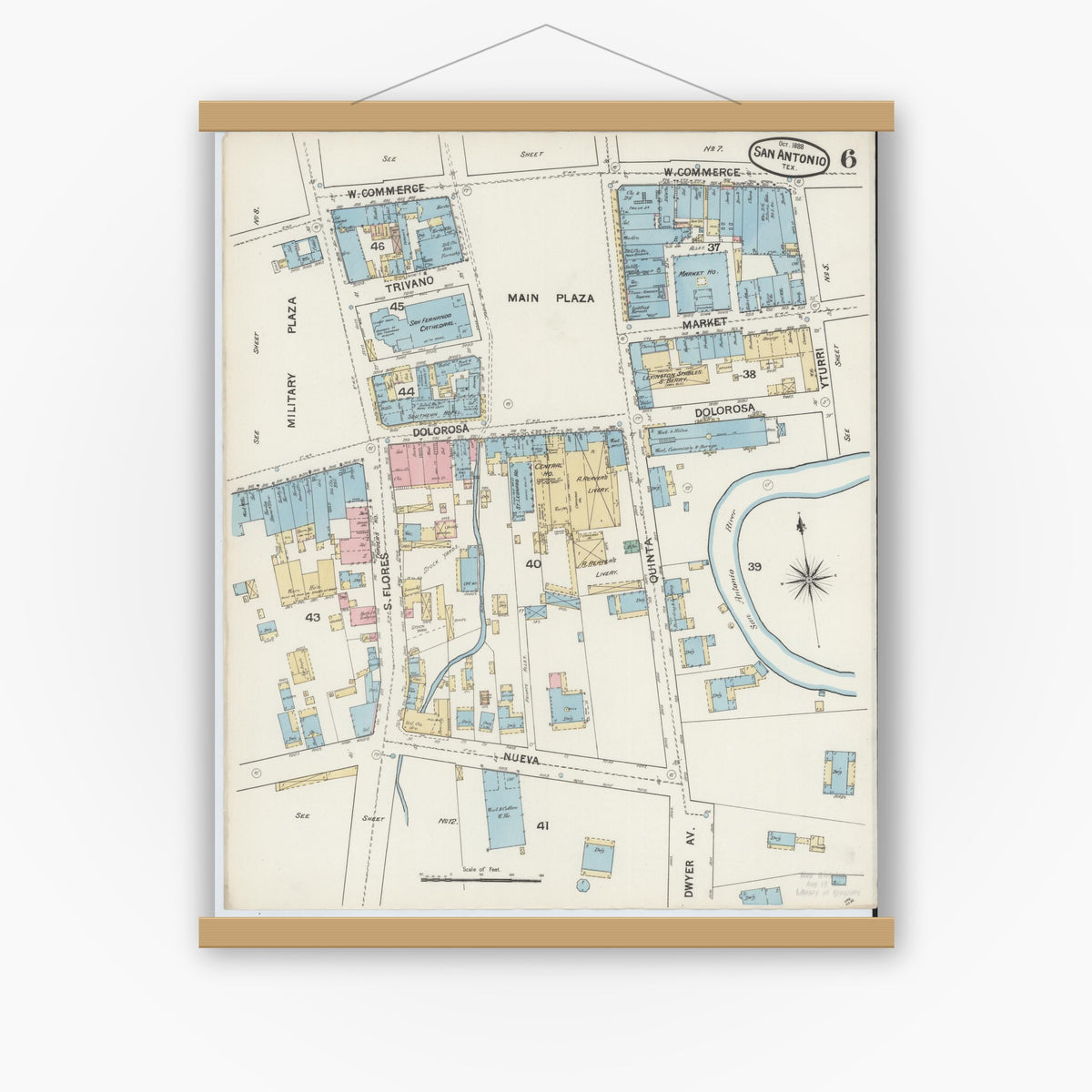 Old map wall art mockup — magnetic wood frame on white wall — Sanborn Fire Insurance Map from San Antonio, Bexar County, Texas (1888), Sheet #0006