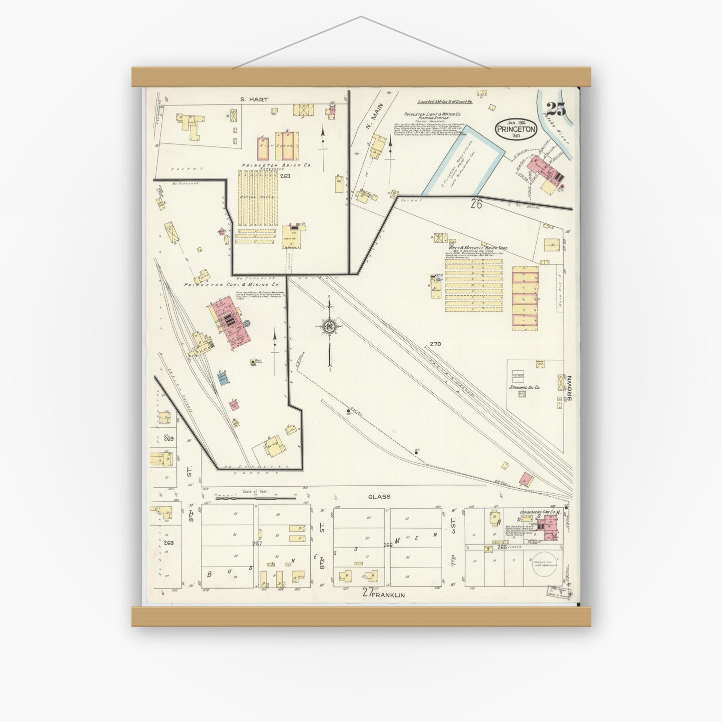 Old map wall art mockup — magnetic wood frame on white wall — Sanborn Fire Insurance Map from Princeton, Gibson County, Indiana (1914), Sheet #0025