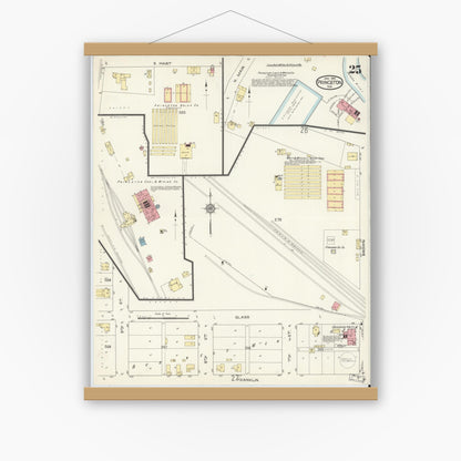 Old map wall art mockup — magnetic wood frame on white wall — Sanborn Fire Insurance Map from Princeton, Gibson County, Indiana (1914), Sheet #0025