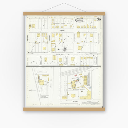 Old map wall art mockup — magnetic wood frame on white wall — Sanborn Fire Insurance Map from Texarkana, Bowie County, Texas (1909), Sheet #0036