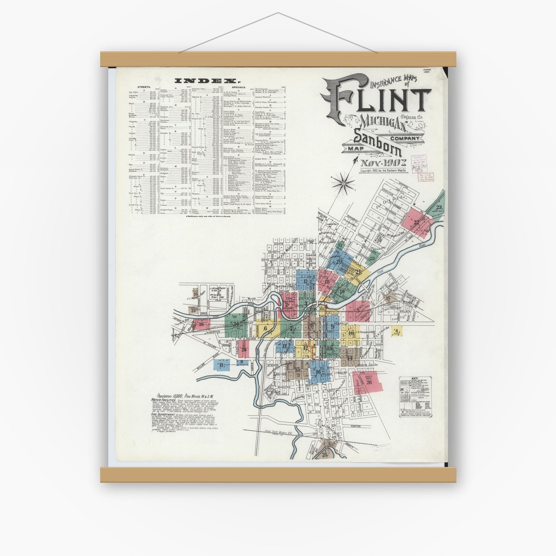 Old map wall art mockup — magnetic wood frame on white wall — Sanborn Fire Insurance Map from Flint, Genesee County, Michigan (1902), Sheet #0001