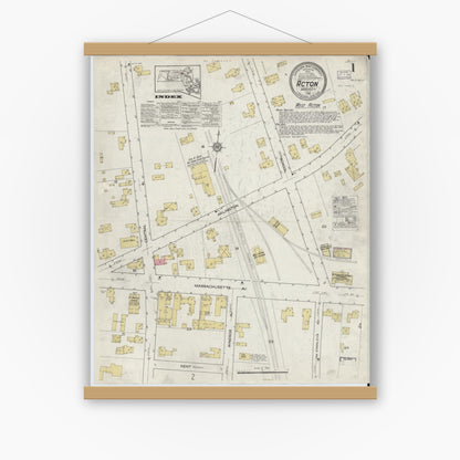 Old map wall art mockup — magnetic wood frame on white wall — Sanborn Fire Insurance Map from Acton, Middlesex County, Massachusetts (1916), Sheet #0001