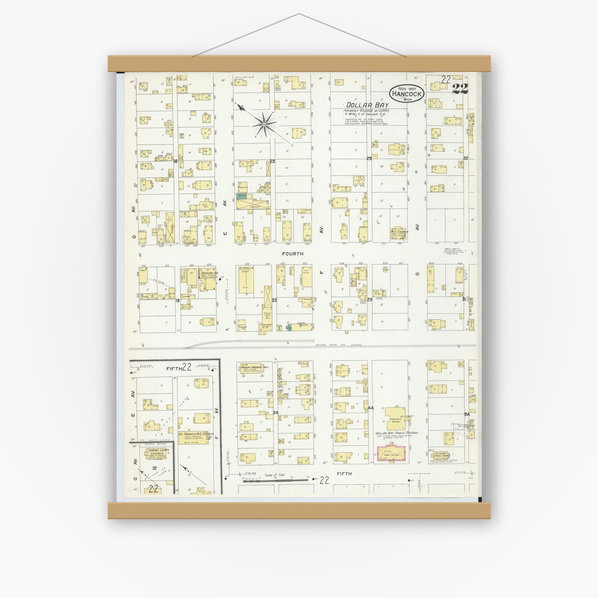 Old map wall art mockup — magnetic wood frame on white wall — Sanborn Fire Insurance Map from Hancock, Houghton County, Michigan (1907), Sheet #0022