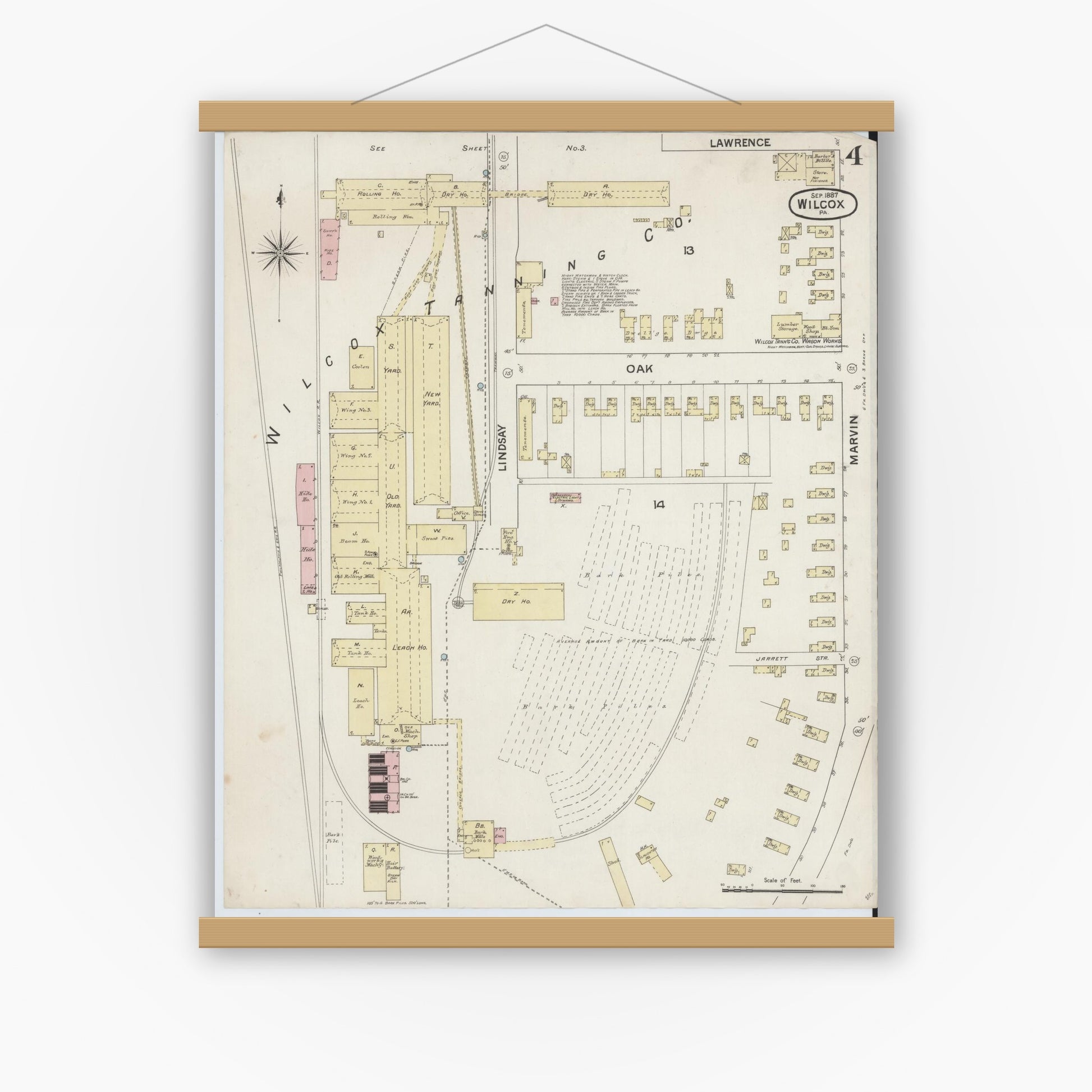 Old map wall art mockup — magnetic wood frame on white wall — Sanborn Fire Insurance Map from Wilcox, Elk County, Pennsylvania (1887), Sheet #0004