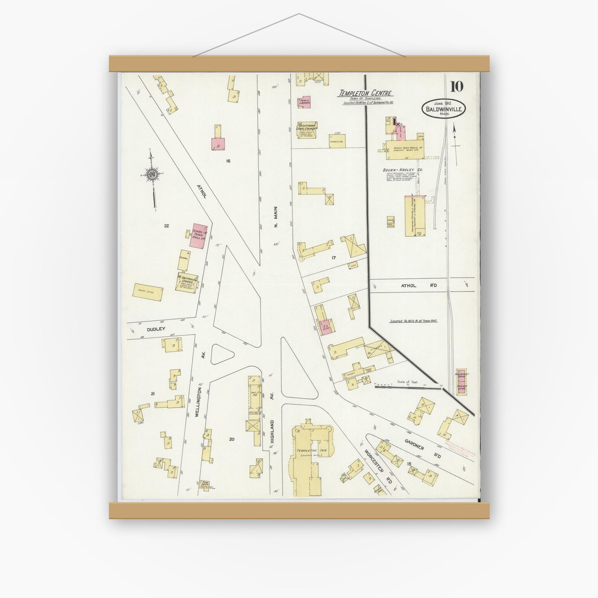 Old map wall art mockup — magnetic wood frame on white wall — Sanborn Fire Insurance Map from Baldwinville, Worcester County, Massachusetts (1912), Sheet #0010