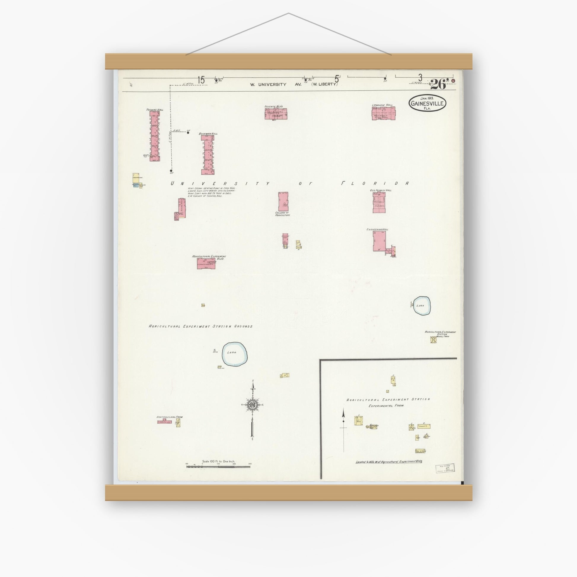 Old map wall art mockup — magnetic wood frame on white wall — Sanborn Fire Insurance Map from Gainesville, Alachua County, Florida (1913), Sheet #0026