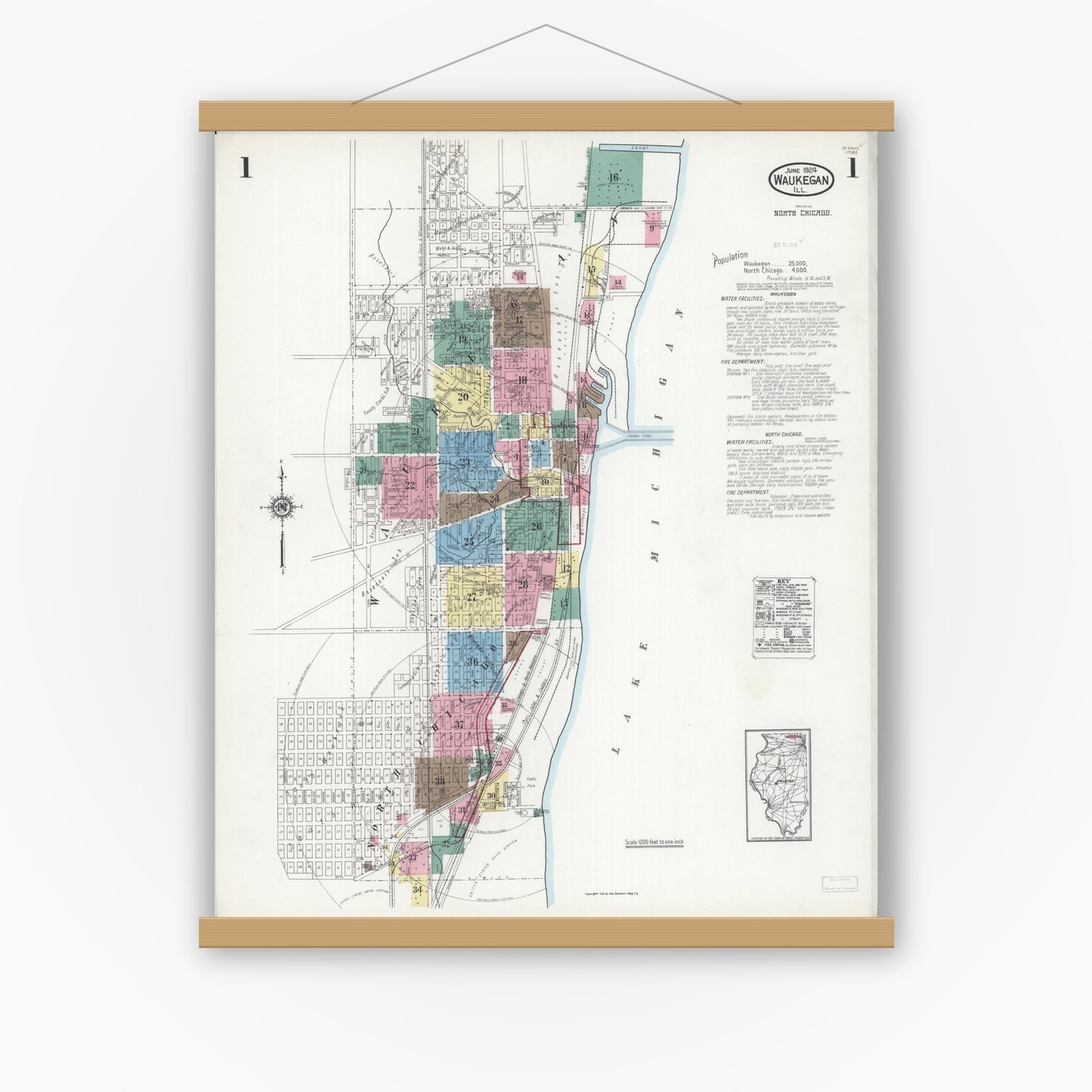 Old map wall art mockup — magnetic wood frame on white wall — Sanborn Fire Insurance Map from Waukegan, Lake County, Illinois (1924) - Complete Map Set